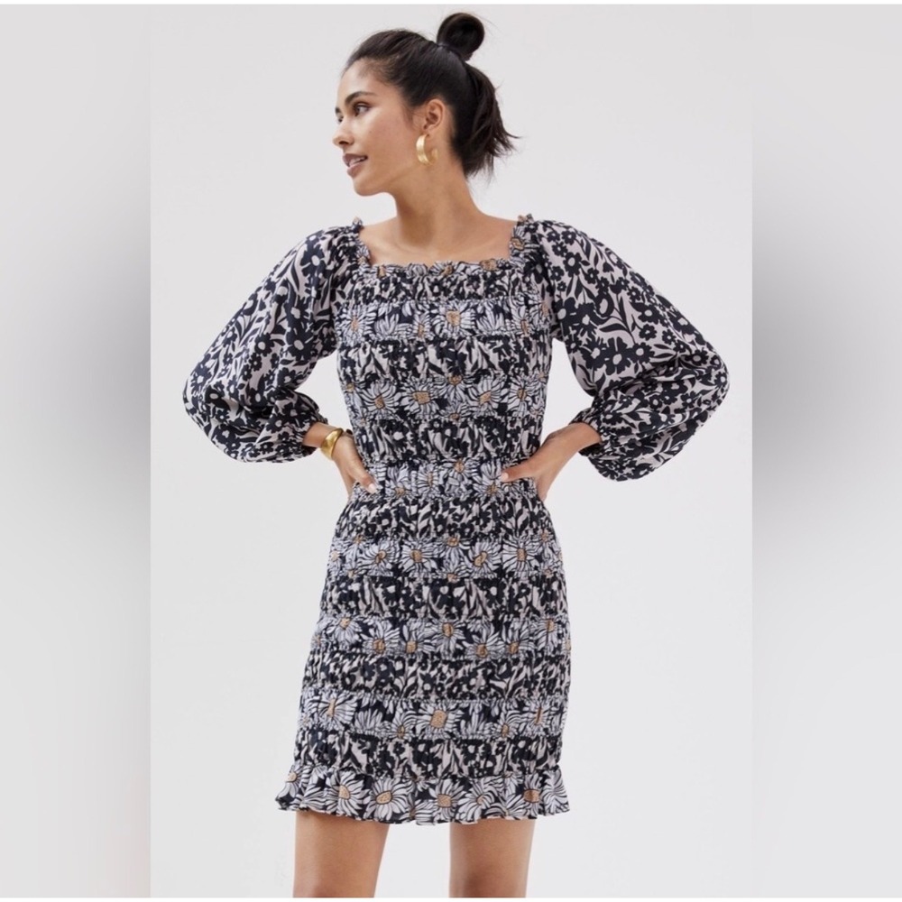 Anthro Forever That Girl Women XS Mini Dress Smocked Floral Balloon Sleeve Boho
